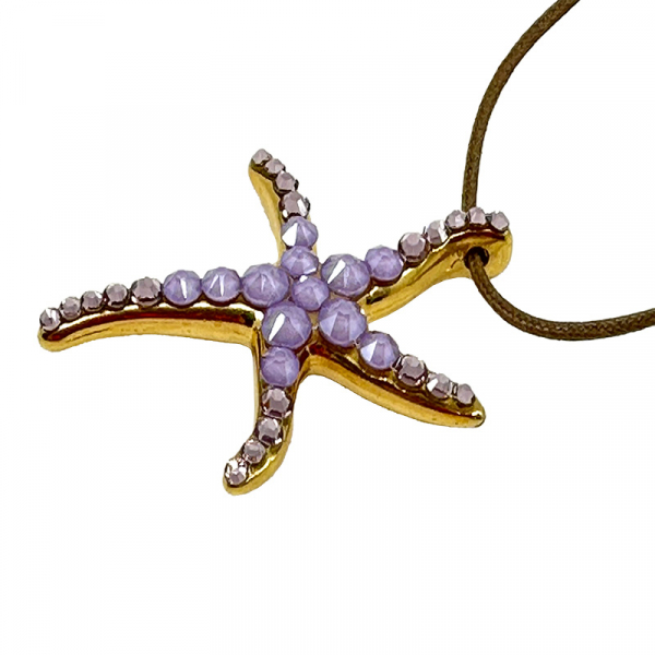 Ekaterini necklace, starfish, lilac Swarovski crystals brown cord and with gold accents, side